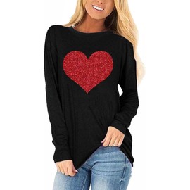 Womens Love Heart T-Shirts Casual Long Sleeve Valentine's Day Graphic Tees Tops(1219-Black-A,M)