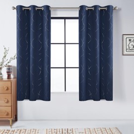 BUHUA Short Blackout Curtains - Silver Wave Pattern, Grommet Top Drapes Thermal Insulated Window Curtain for Bedroom Living Room (38 x 45 Inch, Navy Blue, 2 Panels)
