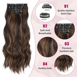 Vigorous Clip in Hair Extensions 4PCS Brown mixed Long Wavy Hairpieces 24Inch Hair Extensions Clip Ins Soft Synthetic Hairpieces for Women