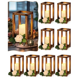 Huquary 16 Pcs Wooden Candle Lantern Set Includes 8 Rustic Wedding Centerpieces for Table Farmhouse Wooden Candle Holder and 8 Flameless Decorative LED Candles for Wedding Decor (Brown,Rectangle)