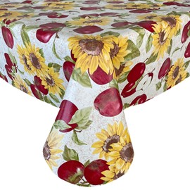 Newbridge Daybreak Apples Cottage Print Vinyl Flannel Backed Tablecloth, Apples and Sunflower Design Indoor/Outdoor Waterproof Tablecloth for Patio and Kitchen Dining, 60 Inch x 84 Inch Oval