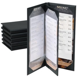 AMGSH 6 Pack 4 View Menu Holder Menu Covers 4.25" x 11" | Black Leather Menu Sleeves Book Style for Restaurant Coffee Bars Wine List