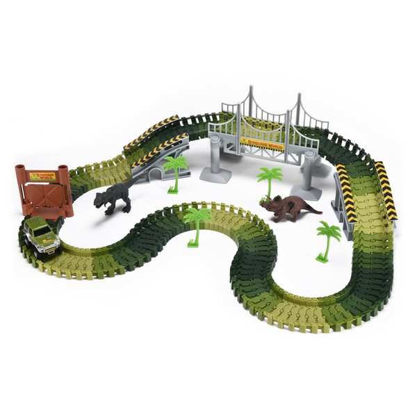 Dazmers Multi-Color Dinosaur Race Track - Set of 16 - Toddler Race Track for Kids Play, 2.5'' H x 16.5'' L x 11.8'' W, Flexible, Made of Durable Green Plastic - Ideal for Playtime Adventures