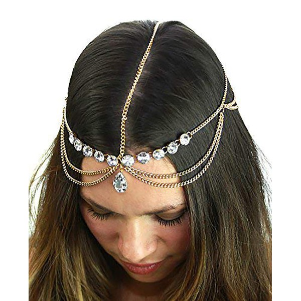 NYFASHION101 Women's Bohemian Fashion Head Chain Jewelry - Pear Cut Rhinestone Charm, Gold-Tone
