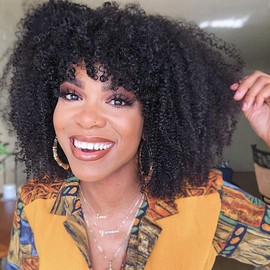 Human Hair Wig Afro Kinky Curly Human Hair Wig with Bang for Women None Lace Human Hair Wig Glueless 180% Density Small Curly Human Hair Wigs for Black Women Afro Wig 14 Inch (35.5 cm)