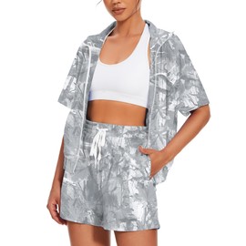 UOUA Womens Camo 2 Piece Outfit Set Camouflage Leaf Print Short Sleeve Jacket & Shorts for Summer GreyLeaves XXL