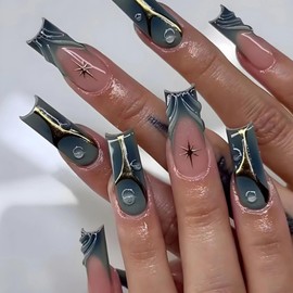 MISUD Press on Nails Long Square Fake Nails Glossy Glue on Nails Blue Ombre French Tip Acrylic Nails Squoval Artificial Nails 3D Water Ripple Stick on False Nails with Design 24 pcs