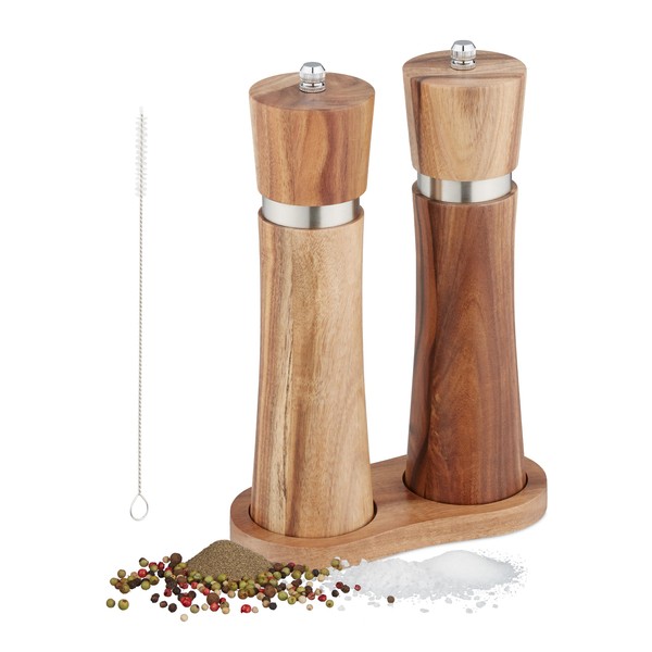 Relaxdays Salt and Pepper Mill Set of 2 Manual Coasters, Ceramic Grinder, Acacia Wood & Stainless Steel, Brown/Silver