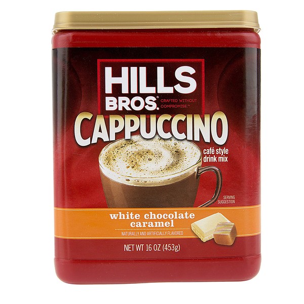 Hills Bros. Instant Cappuccino Mix, White Chocolate Caramel Cappuccinoââ‚¬â€œEasy to Use, Enjoy Coffeehouse Flavor from Homeââ‚¬â€œFrothy, Decadent Cappuccino with White Chocolate and Milky Caramel(16 Ounces, Pack of 6)