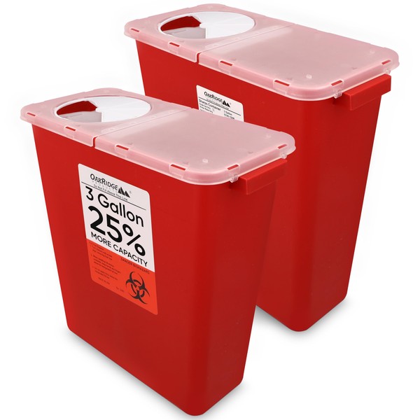 Oakridge Products Large Sharps Container for Home Use and Professional 3 Gallon (2-Pack) with Rotating lid, Biohazard Needle and Syringe Disposal, CDC Certified