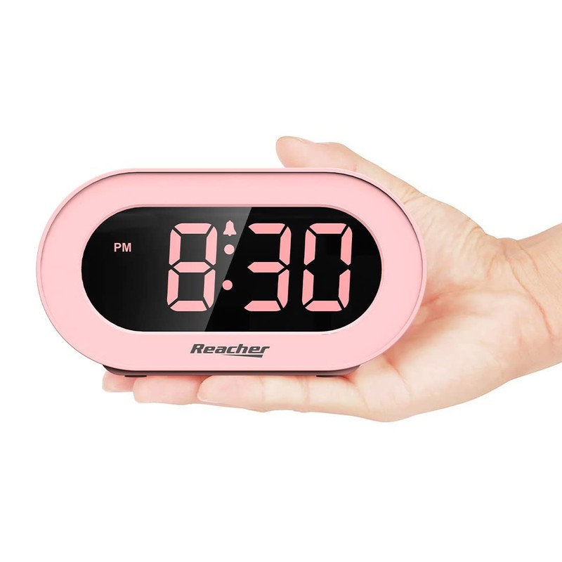 REACHER Pink Girls Alarm Clock for Kids Bedroom, Dimmable LED