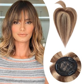 Rich Choices Hair Toppers with Fringe for Thinning Hair Real Human Hair Pieces 14 Inch Medium Brown mix Dark Blonde Clip in Hair Toppers Long Straight Hairpieces Seamless Clip in Hair Extensions
