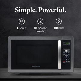 Farberware 1.1 Cu. Ft. Countertop Microwave Oven – 1000 Watts Power, Auto Cook Settings, Defrost, Easy Clean and Child Safety Lock - Stainless