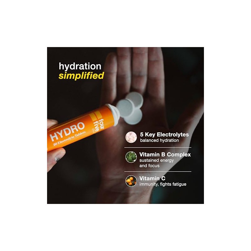fourfive Hydration Tablets (Lemon&Lime) Low Calorie Vitamin Electrolytes, Vegan, Magnesium
