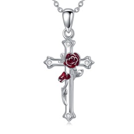 CTIEIP Rose Cross Necklace for Women with Diamonds 925 Sterling Silver Rose Flower Cross Necklace Birth Flower Necklace Mother's Day Birthday Jewelry Gift