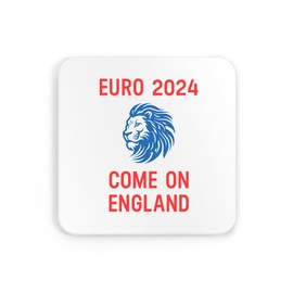 Come on England red text with blue lion, football coaster, footy, coffee, tea, drinks coaster