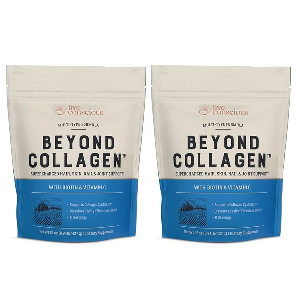 Live Conscious Beyond Collagen Multi Collagen Powder - Types I, II, III, V & X | Keto Friendly, Hydrolyzed Blend with Biotin & Vitamin C 15oz (2-Pack)