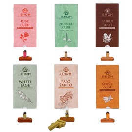 ISHOM Smudge Natural Incense Bricks Variety Pack of 90, (6 Assorted Scents) | Palo Santo, White Sage, Patchouli, Sandalwood Oudh, Amber & Rose | Non-Toxic Incense Bricks for Meditation & Relaxation