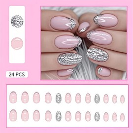 Silver Glitter French Press Nails Short Almond False Nails Glitter French Pink Full Cover Gloss Reusable Artificial Acrylic Nails for Women Girls DIY Nail Art Decoration 24pcs