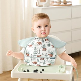 GRSSDER 3-pack Mess Proof Baby Feeding Bibs with Food Catcher Pocket, Soft Lightweight Waterproof Fabric Material with Zero Plastic-like Feel, Adjustable and Easy Clean Toddler Bibs for 6-36 Months