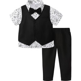 A&J DESIGN Toddler Suit for Boys Easter Wedding Gentleman Photoshoot Formal Ring Bearer Outfit Floral Print Shirt Clothes Set Tuxedo Black Leaf 2-3T