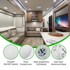 ULITECO RV Ceiling Light 12V, 4.5Inch RV Light Interior, Dimmable Camper Light for Inside, 450LM LED RV Puck Dome Lights for Motorhome Boat Trailer (Dimmable 6500K Cool White& Blue Nightlight, 2PCS)