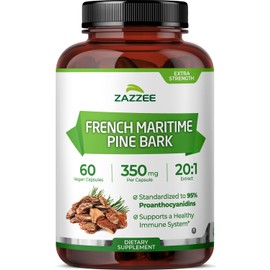 Zazzee Extra Strength French Maritime Pine Bark 20:1 Extract, 350 mg Per Capsule, 60 Vegan Capsules, 95% Proanthocyanidins, Kosher, 2 Month Supply, Standardized 20X Extract, Non-GMO, Made in The USA