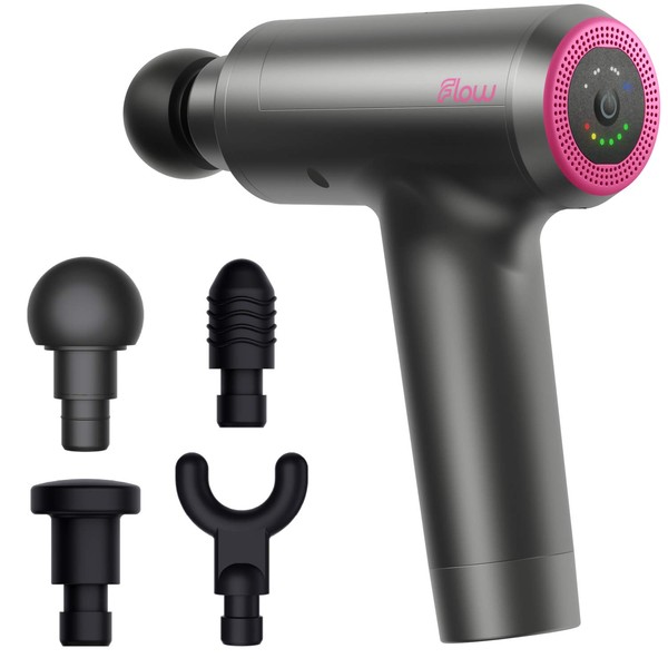 Massage Gun | Flow Mini | Portable Deep Tissue Percussion Massager for Sport Recovery, Muscle Pain and Relaxation | 4 Massage Heads | 3hr Battery (Hot Pink)