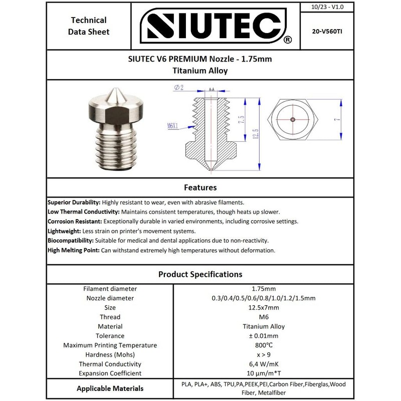 SIUTEC® Premium V5 / V6 Titanium Alloyed, Nozzle/Nozzle Set of