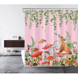 Mushroom Plant Shower Curtain Red Mushroom and Green Leaf on Pink Background Shower Curtain for Bathroom Jungle Nature Leaf Bathroom Shower Curtain with Hooks, 69X70 Inch