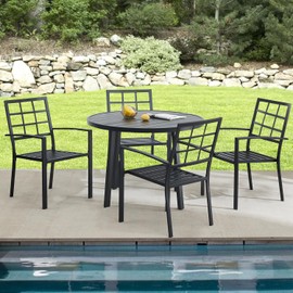 Patio Dining Chairs Set of 2, Wrought Iron Stackable Chairs with Armrest, Black Metal Outdoor Dining Chair for Garden, Backyard, Porch, Balcony, Deck-Supports 300 lbs