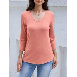 Ovanviso Womens V Neck 3/4 Sleeve T Shirts Basic Curved Hem Tunic Tops Casual Loose Fit Tees 2025 Coral