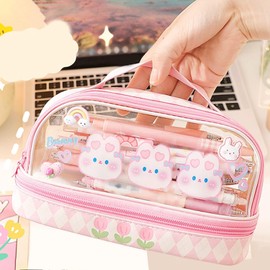 Large Capacity Transparent Pencil Case Bag, Waterproof Cartoon Cute Stationary Bag with Zipper, Convenient for School Students, Makeup Travel (Pink Bunny Rabbit)