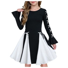 Verdusa Girl's Coquette Bow Dress Colorblock Flare Sleeve Short Flowy Dresses Black and White 12 Years