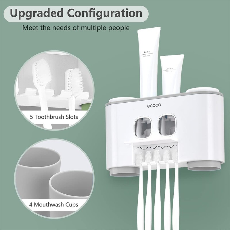 Toothbrush Holders with Toothpaste Dispenser Wall Mounted for Bathroom-4 Cups