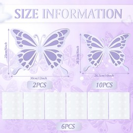 Tasodin 12 Pcs Large Butterfly Party Decoration 3D Butterfly Wall Decor, 2 Sizes Big Paper Butterfly Cutouts Stickers for Birthday Party Baby Shower Bedroom Wedding, Silver and Purple