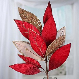Factory Direct Craft Red and Gold Velvet with Gold Mesh Artificial Magnolia Leaf Spray - Rich Velveteen Magnolia Leaves Stem for Christmas Decorations and Holiday Flower Arrangements (Size: 27" H)