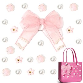 SANUIU Pink Fabric Bow Charms for Rubber Bag, Decorative Flower Pearl Charms Accessories for Totes Bag Original All Models, Insert Daisy Flower for Rubber Beach Totes Accessories