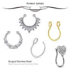 AceFun 20PCS Fake Septum Ring Fake Nose Ring Stainless Steel Faux Nose Lip Ear Septum Ring Non Piercing Clip On Nose Hoop Rings CZ Heart Star No Pierced Jewelry