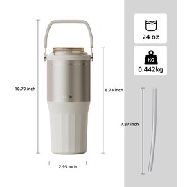 TKK 24 oz Ceramic Coated Tumbler with Straw Lid, 18/10 Stainless Steel Vacuum Leakproof Double Walled Car Cup with Handle & Tea Infuser& Dishwasher Safe, for Hot & Cold Drinks,Porcelain White