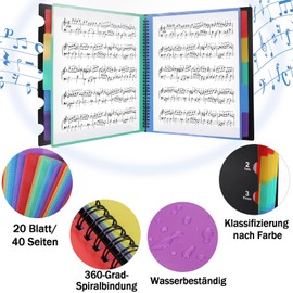 Music Folder for Sheet Music A4, Choir Folder, Black, 40 Pages/20 Compartments, Music Sheets Presentation Folder, Coloured Portfolio Folder A4 with Transparent Pockets for Music Score, File, Paper