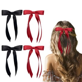LSDWL 4Pcs Hair Bows for Women Girls,Silky Satin Hair Ribbon Double Bow Hair Clips,Simple & Elegant Hair Accessories for Girls (Red Black)