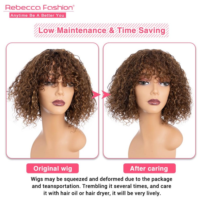 Rebecca Fashion Highlight Brown Blonde Curly Bob Wigs with Bangs