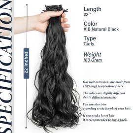 Clip in Hair Extensions Long 22inch Curly Full Head Synthetic Clip on Hair Extension #1B Natural Black 180 Gram Thick Double Weft Hair Extensions Wavy Hairpieces for Women
