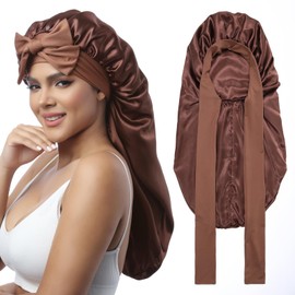 Monopa Long Satin Bonnet for Braids - Elastic Silk Hair Bonnets for Sleeping Night Cap Stretchy Tie Band for Women(Brown)