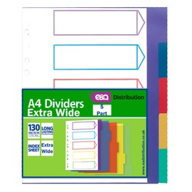 A4 File Dividers Plastic Coloured Tabs Subject Filing Numbered A-Z Extra Wide (5 Part A4 Dividers Extra Wide)