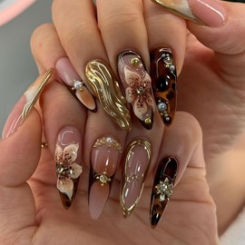 Handmade Press on Nails Long Almond False Nails with 3D Rhinestone Flower Design Gold Star Fake Nails Glossy Brown Stick on Nails 3D Gold Texture Summer Handmade Nails for Women Girls Manicure 24Pcs