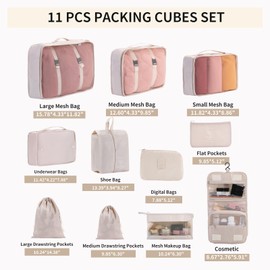 Packing Cubes Compression Storage Luggage Organizers Bags 9 set/11set for Travel Clothing Classification Storage Bag (Beige, 11 Pieces)