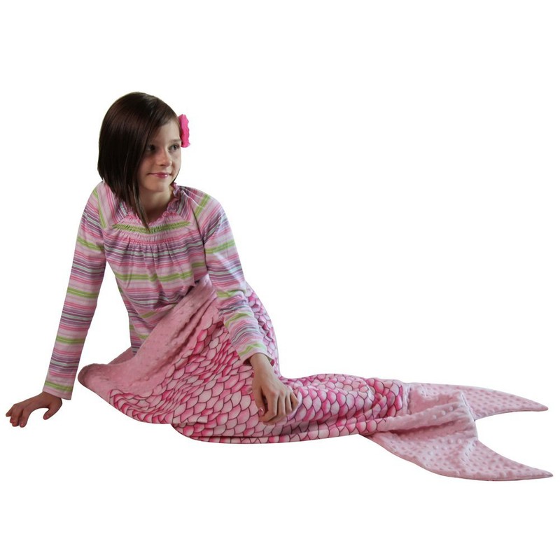Girls Pink Scales Minky Dot Velboa Mermaid Tail Blanket 47"