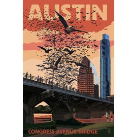 Austin, Texas - Bats and Congress Avenue Bridge (24x36 Giclee Gallery Print, Wall Decor Travel Poster)